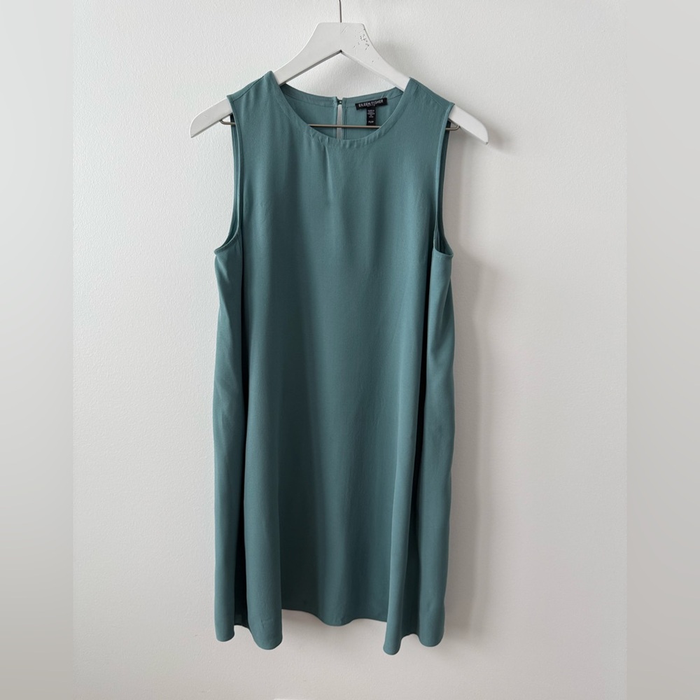 Eileen Fisher Silk Georgette Crepe Round Neck Dress Teal SP - Picture 6 of 9